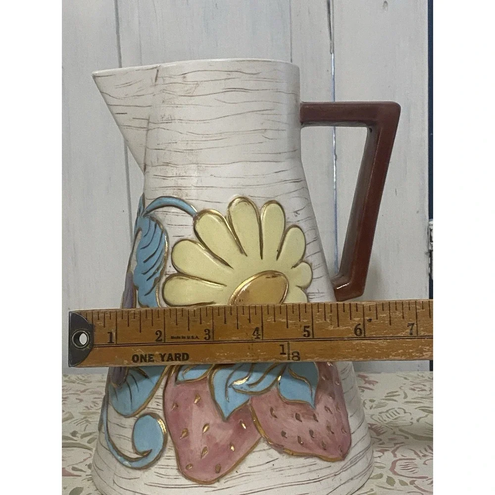 Beautiful Mid Century Artisan Signed Stoneware Pitcher w/Lid Faux Wood Grain